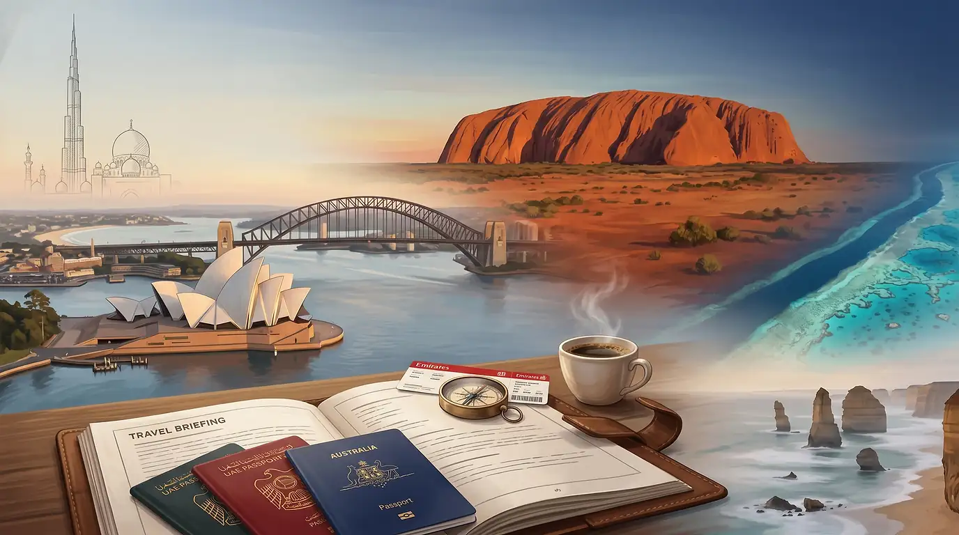 Australia Pre-Trip Briefing for UAE Residents — Full Briefing — split composition showing Australia landmarks (the Sydney Opera House with its iconic white sail-shaped roof shells rising above Sydney Harbour at Bennelong Point, the steel arch of the Sydney Harbour Bridge spanning Port Jackson between Dawes Point and Milsons Point, the crescent-shaped golden sandy bay of Bondi Beach on the eastern Sydney coastline with surfers and the lifeguard tower visible, the red sandstone monolith of Uluru-Kata Tjuta rising from the Northern Territory desert at sunset, the harbour-side high-rise skyline of Melbourne over the Yarra River, and a Qantas Boeing 787 Dreamliner in red-and-white livery on a tarmac apron) on the left and UAE-side travel-preparation composition elements (a UAE passport in red leather with the gold falcon emblem and "United Arab Emirates" text, a stylized red-and-white Emirates Airline boarding pass, a vintage brass marine compass, and a brown leather Travel Briefing portfolio embossed with the OraVisa wordmark) on the right — symbolising the OraVisa pre-trip preparation reference for UAE residents travelling to Australia