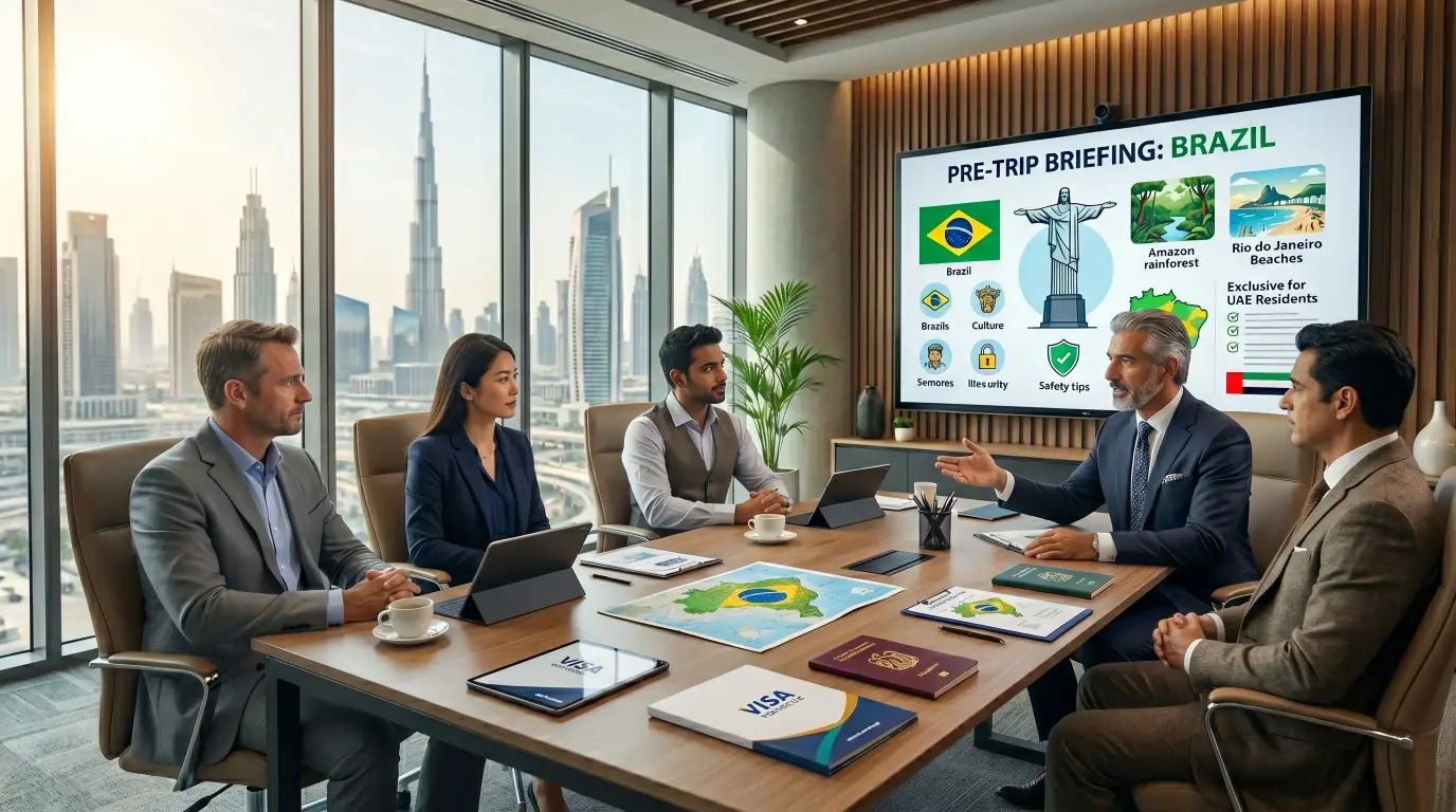 Brazil Pre-Trip Briefing for UAE Residents — Full Briefing — split composition showing Brazil landmarks (the 38-metre Christ the Redeemer statue atop the 710-metre Corcovado mountain peak with arms outstretched above the city of Rio de Janeiro and Guanabara Bay, the granite Sugarloaf Mountain peaks of Pão de Açúcar rising above Botafogo Beach and the Atlantic coastline, the curve of Copacabana Beach with its iconic black-and-white Portuguese wave-pattern boardwalk and Atlantic surf, the cascading horseshoe-shaped Iguazu Falls along the Brazil-Argentina border with white spray rising from the multiple cataracts, and a stylized green-and-yellow Brazilian national flag with the blue celestial globe and "Ordem e Progresso" banner) on the left and UAE-side travel-preparation composition elements (a UAE passport in red leather with the gold falcon emblem and "United Arab Emirates" text alongside a Brazilian passport in dark blue with the gold Brazilian coat of arms, a stylized red Emirates Airline boarding pass to São Paulo GRU or Rio de Janeiro GIG, a vintage brass marine compass with a polished bezel, and a brown leather Travel Briefing portfolio embossed with the OraVisa wordmark in gold lettering) on the right — symbolising the OraVisa pre-trip preparation reference for UAE residents travelling to Brazil
