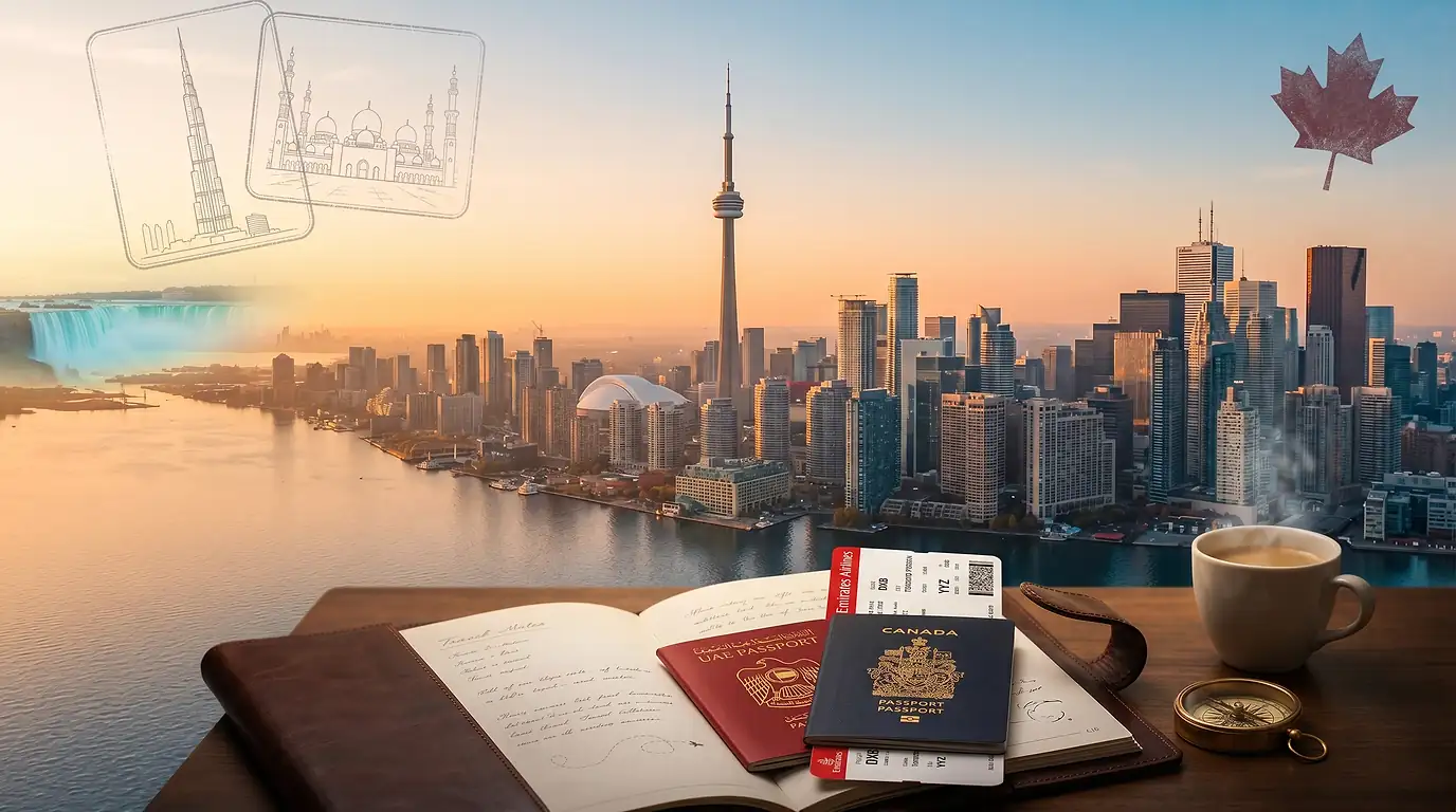 Canada Pre-Trip Briefing for UAE Residents — Full Briefing — split composition showing Canada landmarks (the Toronto CN Tower rising 553 metres above the downtown Toronto financial-district skyline of glass-and-steel high-rise office towers along the Lake Ontario harbourfront at Harbourfront Centre, the Royal Ontario Museum and surrounding Bay Street and University Avenue skyscrapers in the background, the cascading Horseshoe Falls of Niagara Falls on the Canada-United States border with white spray rising from the brink of the falls, a stylized red maple leaf in the eleven-point form used on the Canadian national flag, and an Air Canada Boeing 787 Dreamliner in red-and-white livery on a tarmac apron at Toronto Pearson International Airport YYZ) on the left and UAE-side travel-preparation composition elements (a UAE passport in red leather with the gold falcon emblem and "United Arab Emirates" text alongside a Canadian passport in dark blue with the gold Canadian coat of arms, a stylized red-and-white Emirates Airline boarding pass to Toronto YYZ, a vintage brass marine compass with a polished bezel, and a brown leather Travel Briefing portfolio embossed with the OraVisa wordmark in gold lettering) on the right — symbolising the OraVisa pre-trip preparation reference for UAE residents travelling to Canada