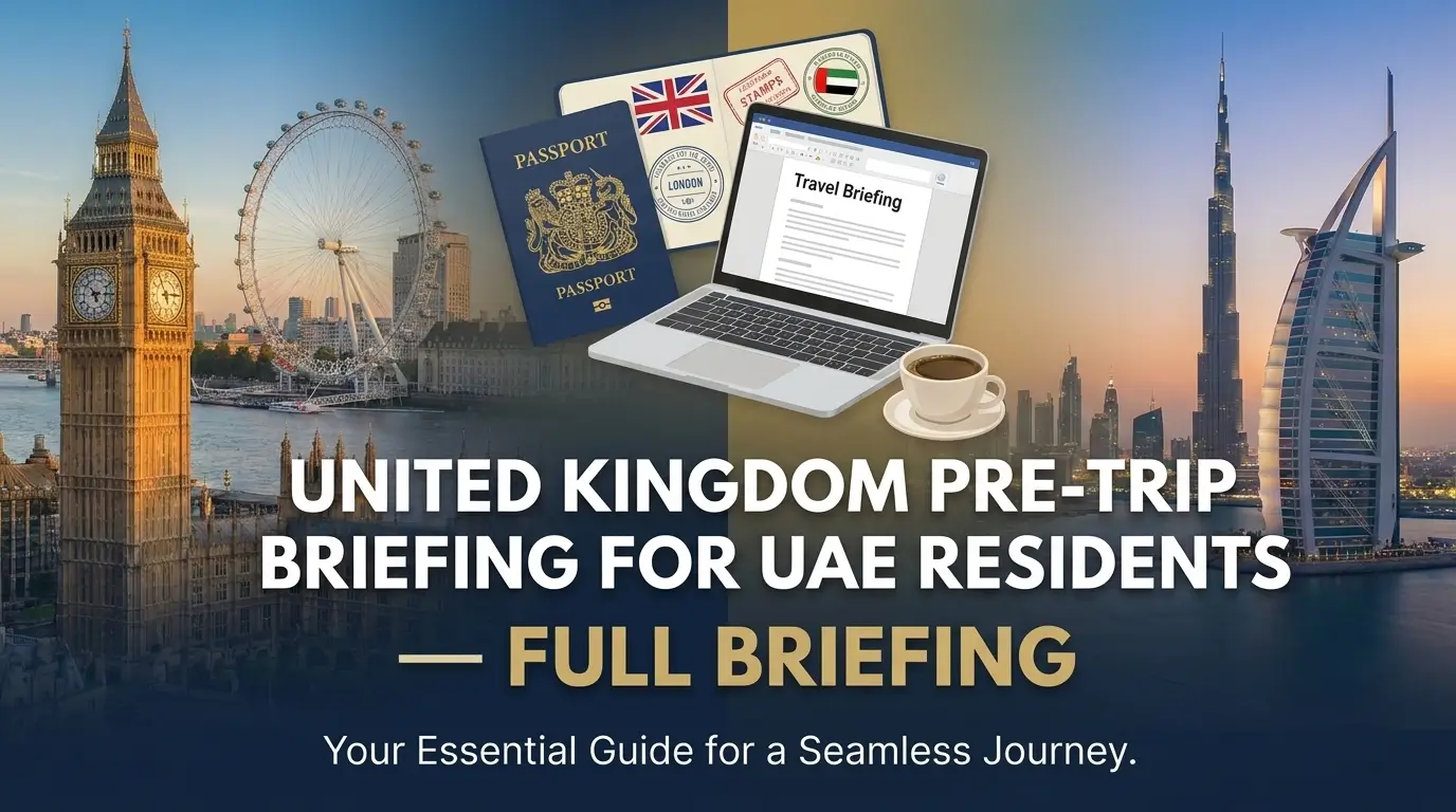 United Kingdom Pre-Trip Briefing for UAE Residents — Full Briefing — split composition showing London landmarks (Elizabeth Tower with Big Ben clock, London Eye observation wheel, Houses of Parliament along the Thames) on the left and Dubai landmarks (Burj Khalifa, Burj Al Arab) on the right, with a UK passport bearing the royal coat of arms, a UAE flag passport stamp, a laptop displaying a Travel Briefing document, and a cup of coffee in the centre — symbolising the OraVisa pre-trip preparation reference for UAE residents travelling to the United Kingdom