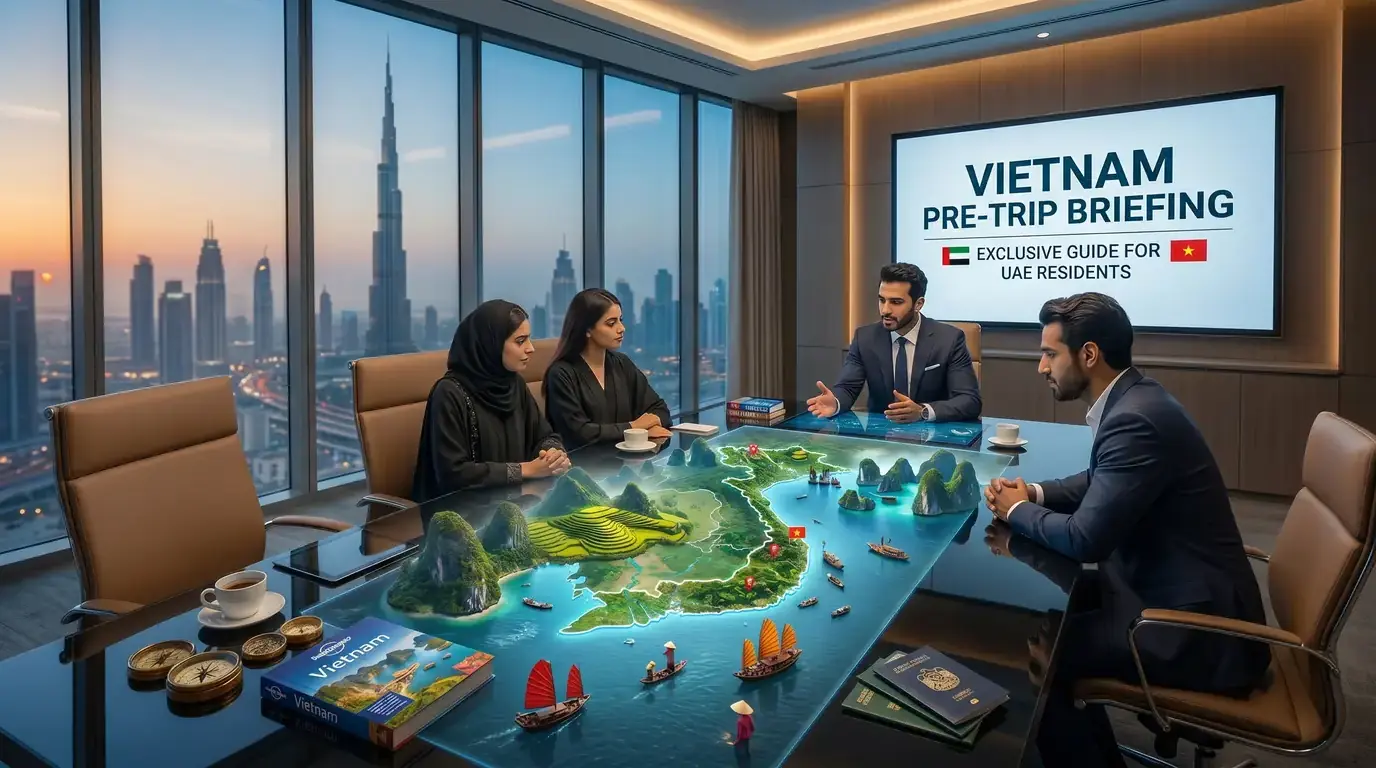 Vietnam Pre-Trip Briefing for UAE Residents — Full Briefing — split composition showing Vietnam landmarks (the limestone karst pillars of Hạ Long Bay rising from the emerald waters of the Gulf of Tonkin in northern Vietnam, the multi-coloured silk lanterns illuminating the Ancient Town of Hội An at dusk, the sweeping rice terraces of Sapa in the Tonkinese Alps cascading down Hoàng Liên Son mountain slopes, the iconic French-colonial-era Saigon Notre-Dame Basilica in central Ho Chi Minh City, the gold star on red field of the Socialist Republic of Vietnam national flag, and a Vietnam Airlines Boeing 787 Dreamliner in red-and-white livery on a tarmac apron at Tan Son Nhat International Airport SGN) on the left and UAE-side travel-preparation composition elements (a UAE passport in red leather with the gold falcon emblem and "United Arab Emirates" text alongside a Vietnamese passport in dark green with the gold emblem of the Socialist Republic of Vietnam, a stylized red Emirates Airline boarding pass to Ho Chi Minh City SGN or Hanoi HAN, a vintage brass marine compass with a polished bezel, and a brown leather Travel Briefing portfolio embossed with the OraVisa wordmark in gold lettering) on the right — symbolising the OraVisa pre-trip preparation reference for UAE residents travelling to Vietnam