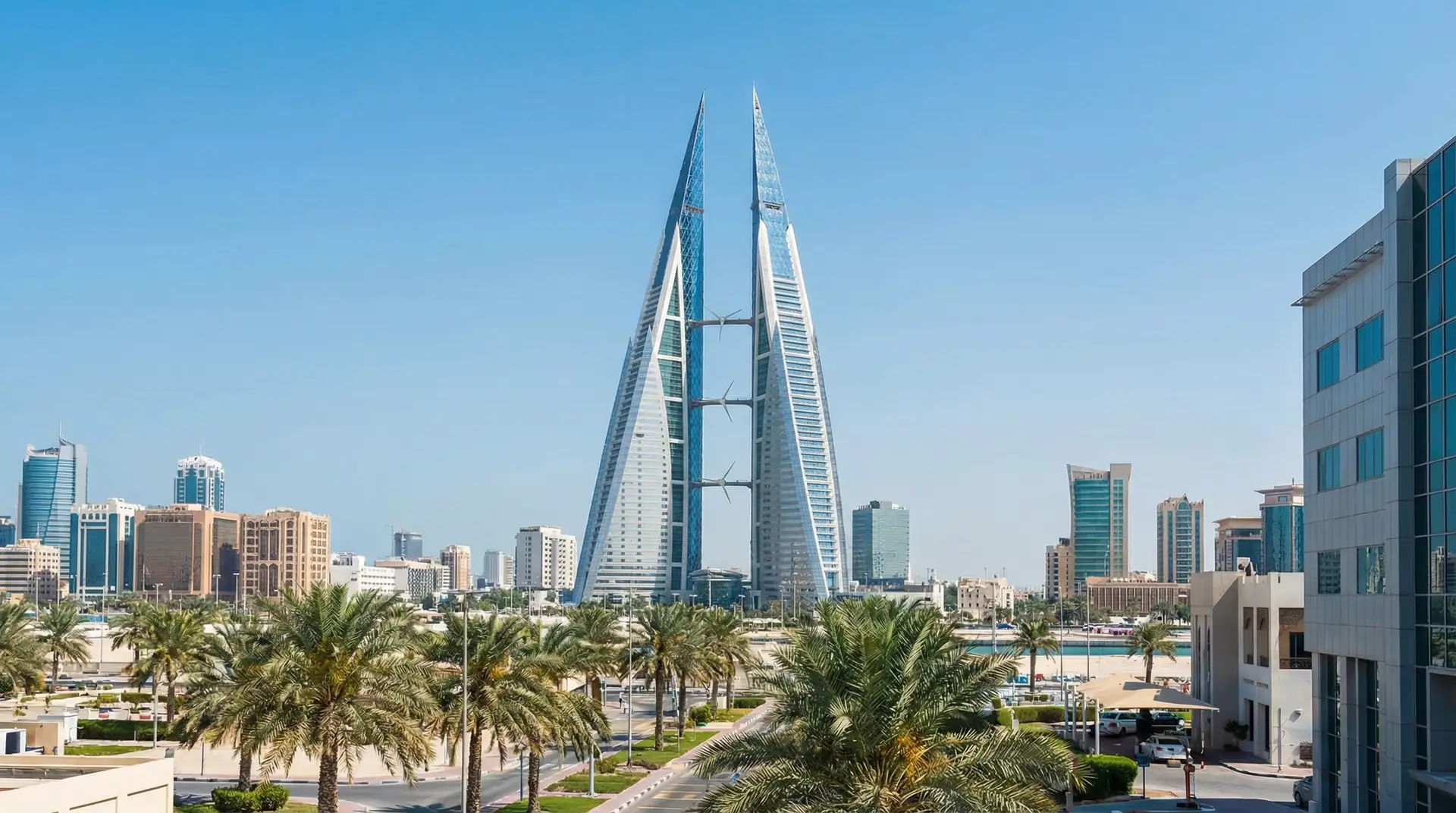 Bahrain World Trade Center and modern Manama skyline along the waterfront — OraVisa Bahrain visa services from Dubai