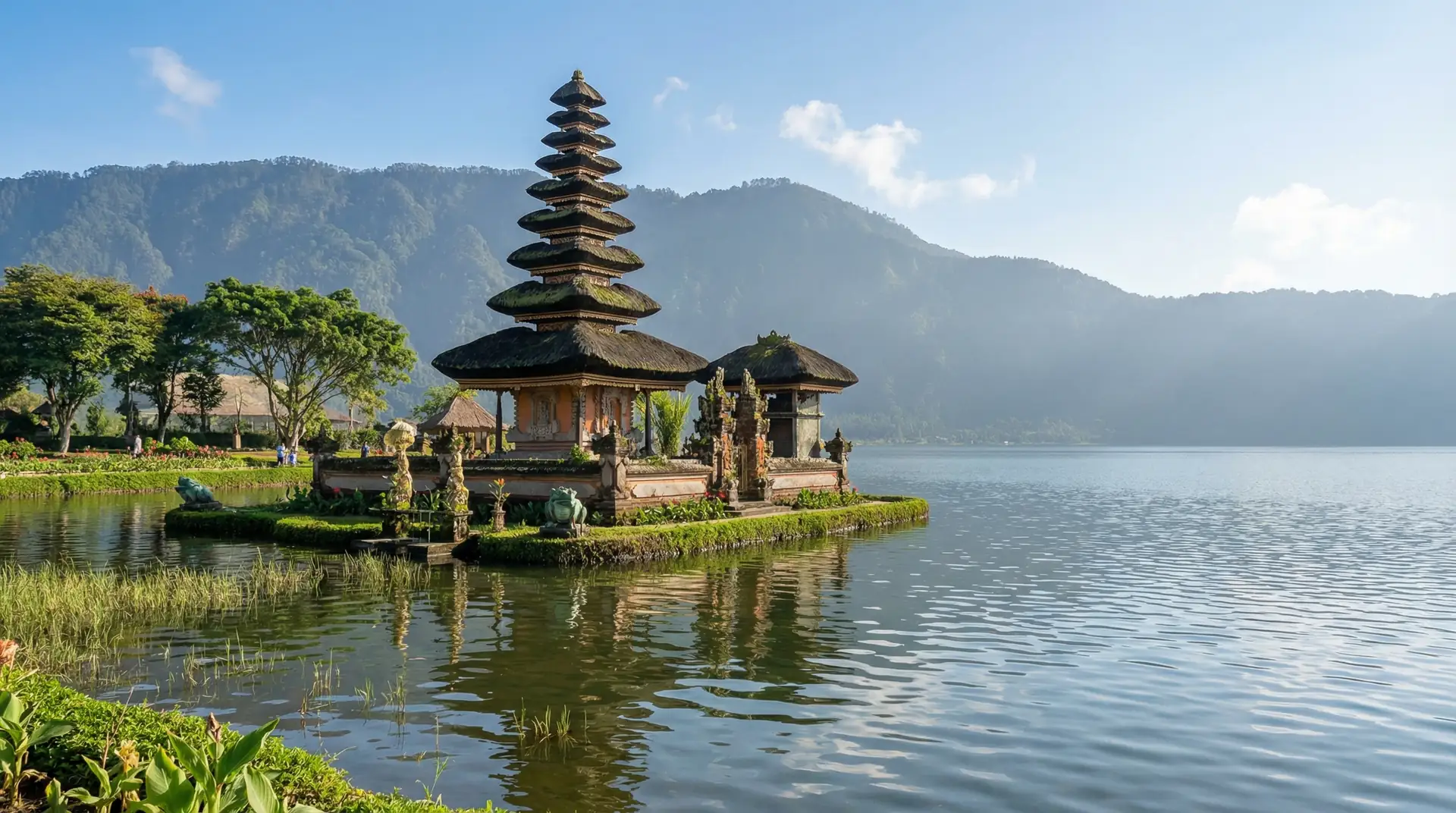 Bali temple gate with lush tropical gardens and volcanic landscape in Indonesia — OraVisa Indonesia visa services from Dubai
