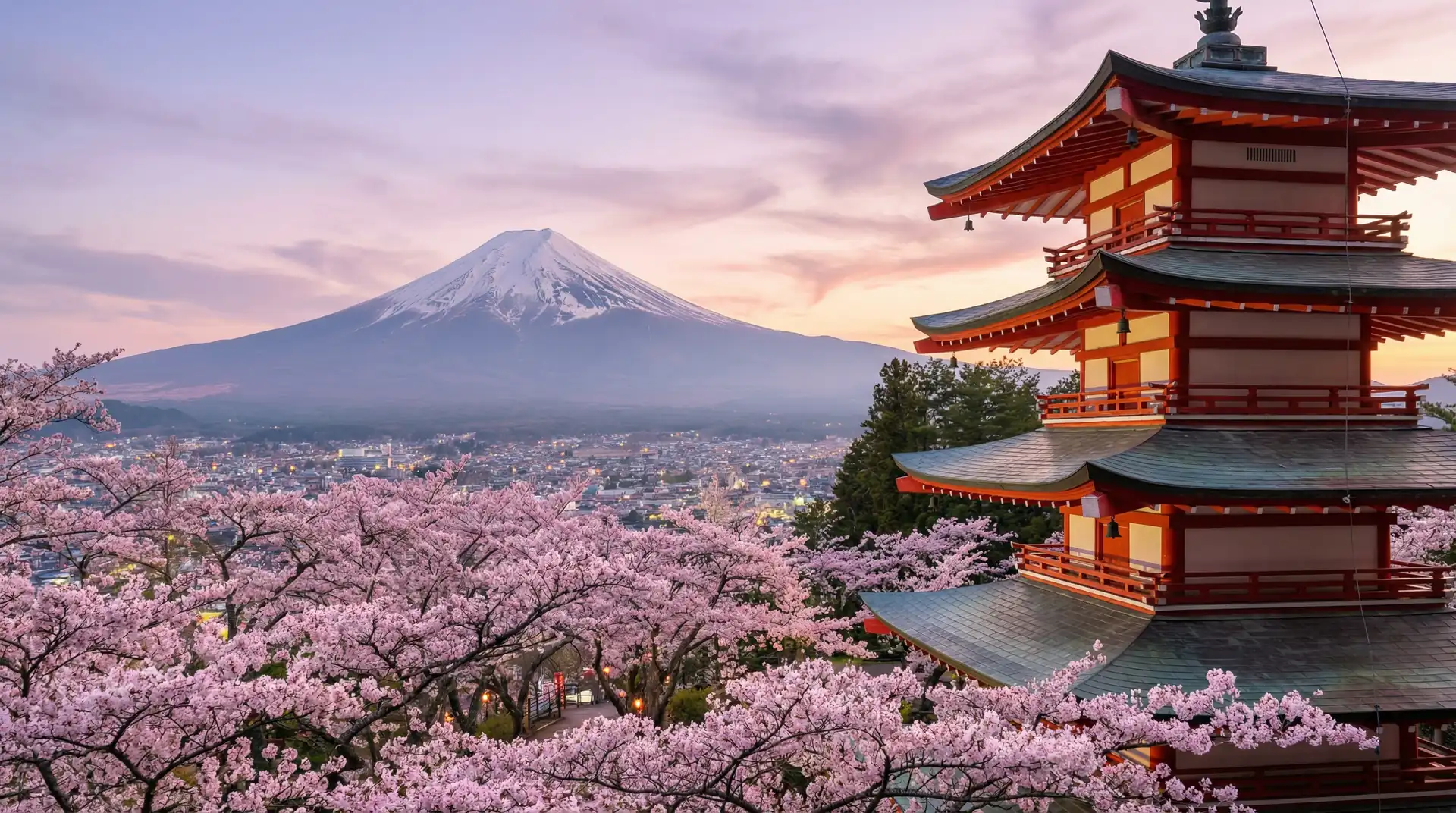 Mount Fuji with cherry blossoms and pagoda in spring, Japan — OraVisa Japan visa services from Dubai
