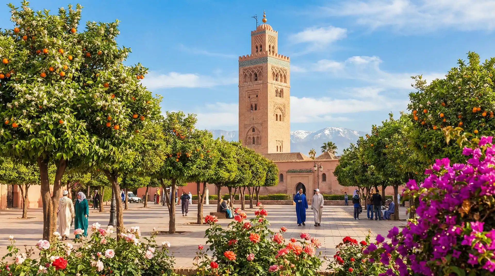 Marrakech medina with vibrant souks and Atlas Mountains backdrop in Morocco — OraVisa Morocco visa services from Dubai