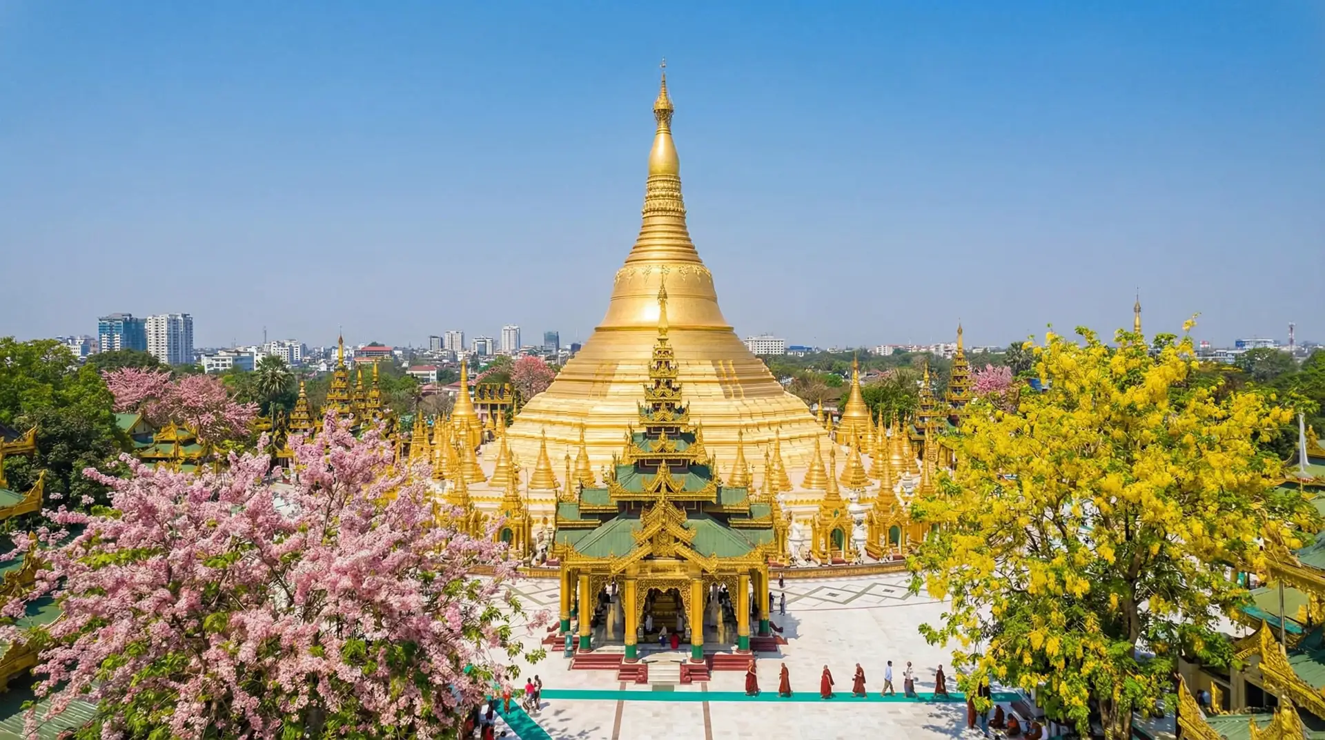 Golden Shwedagon Pagoda glowing at sunset in Yangon Myanmar — OraVisa Myanmar visa services from Dubai