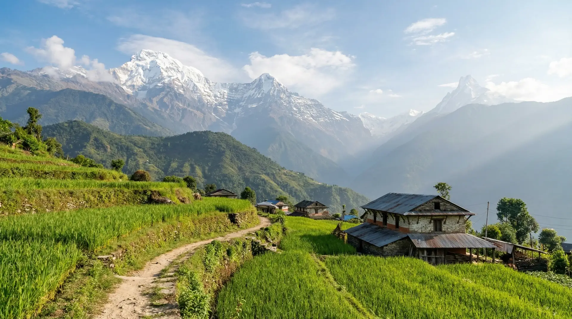 Mount Everest and Himalayan peaks with Buddhist prayer flags in Nepal — OraVisa Nepal visa services from Dubai