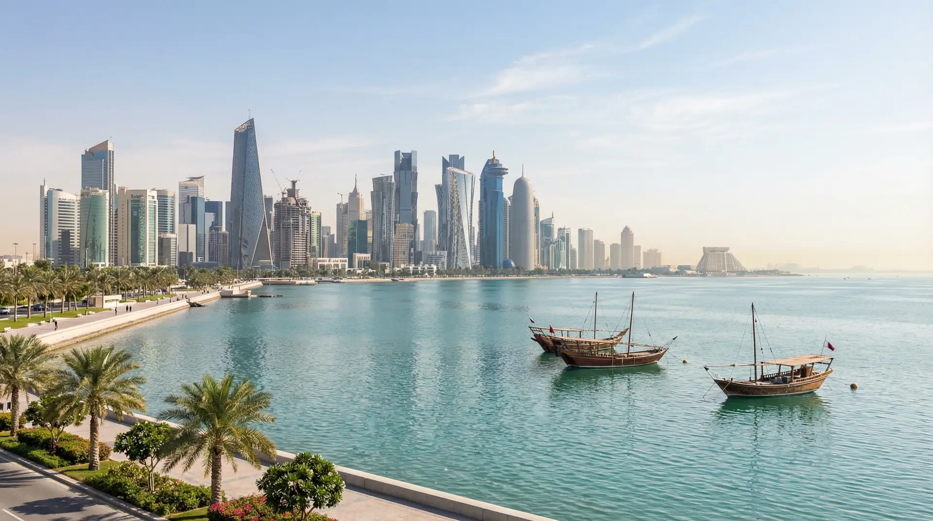 Doha skyline with modern skyscrapers and dhow boats along the Corniche in Qatar — OraVisa Qatar visa services from Dubai
