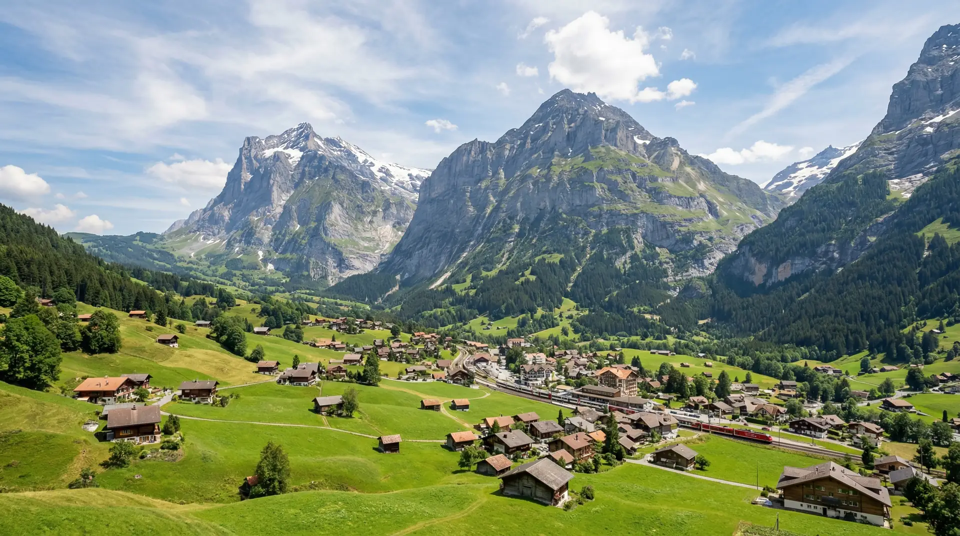 Swiss Alps with snow-capped mountains and green valley village in Switzerland — OraVisa Switzerland visa services from Dubai