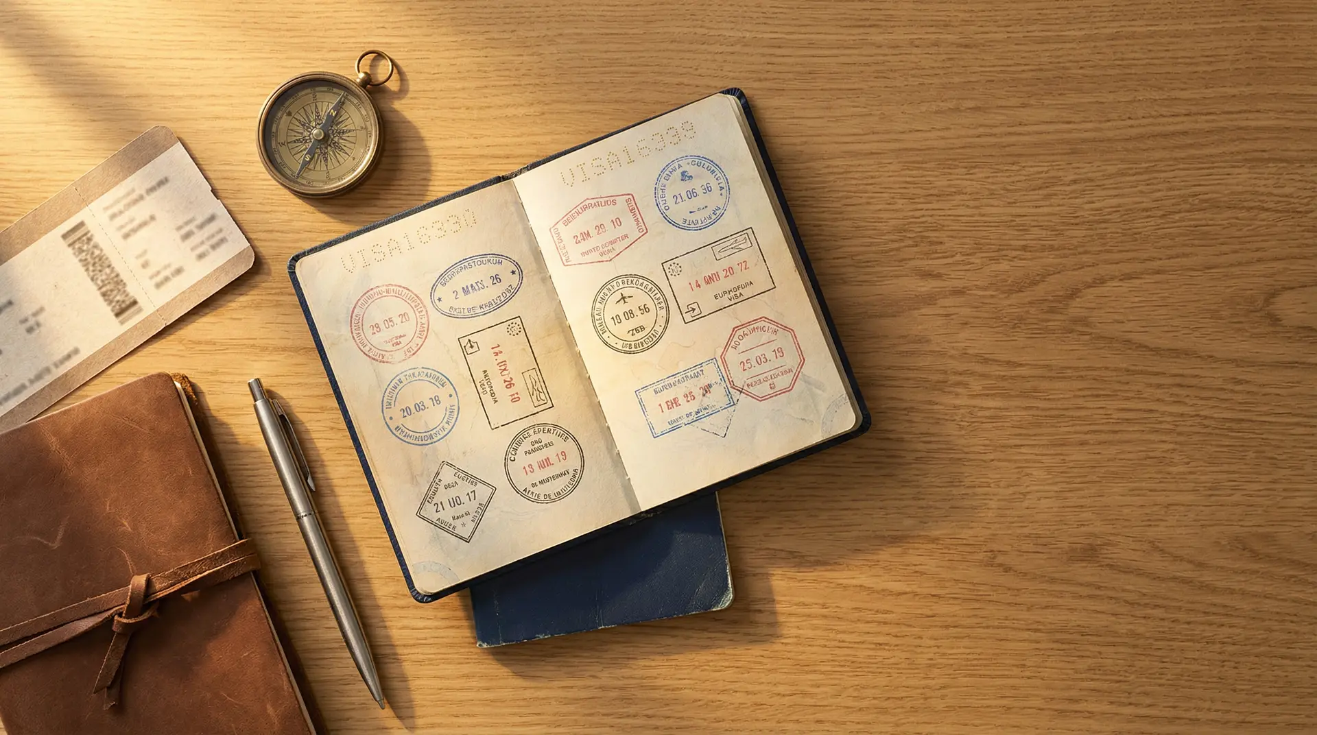 Open passport with European visa stamps, compass and boarding pass on wooden desk — OraVisa Schengen visa guides from Dubai