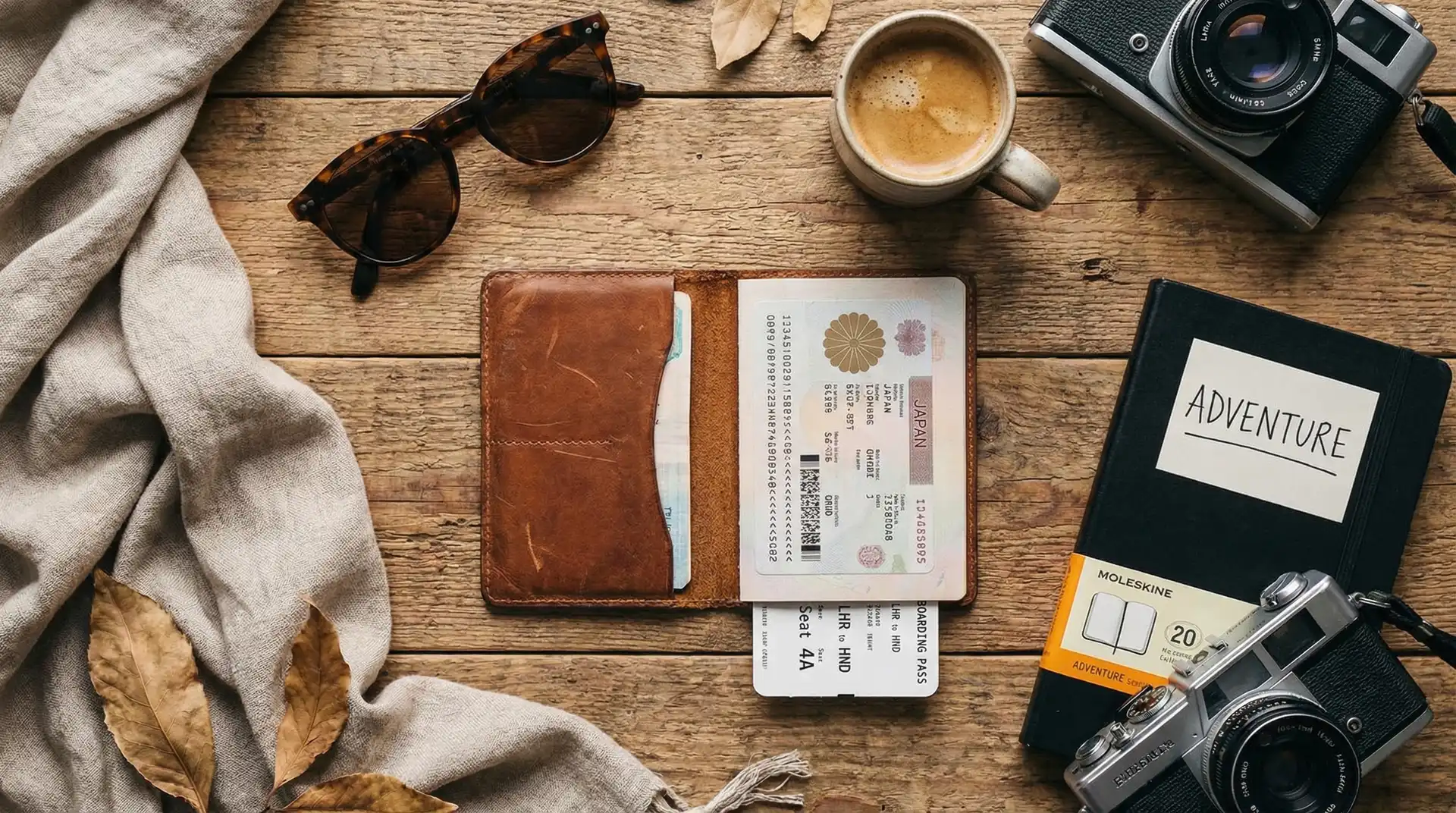 Travel essentials flat-lay with passport, boarding pass, camera, coffee and adventure notebook — OraVisa visa process guides