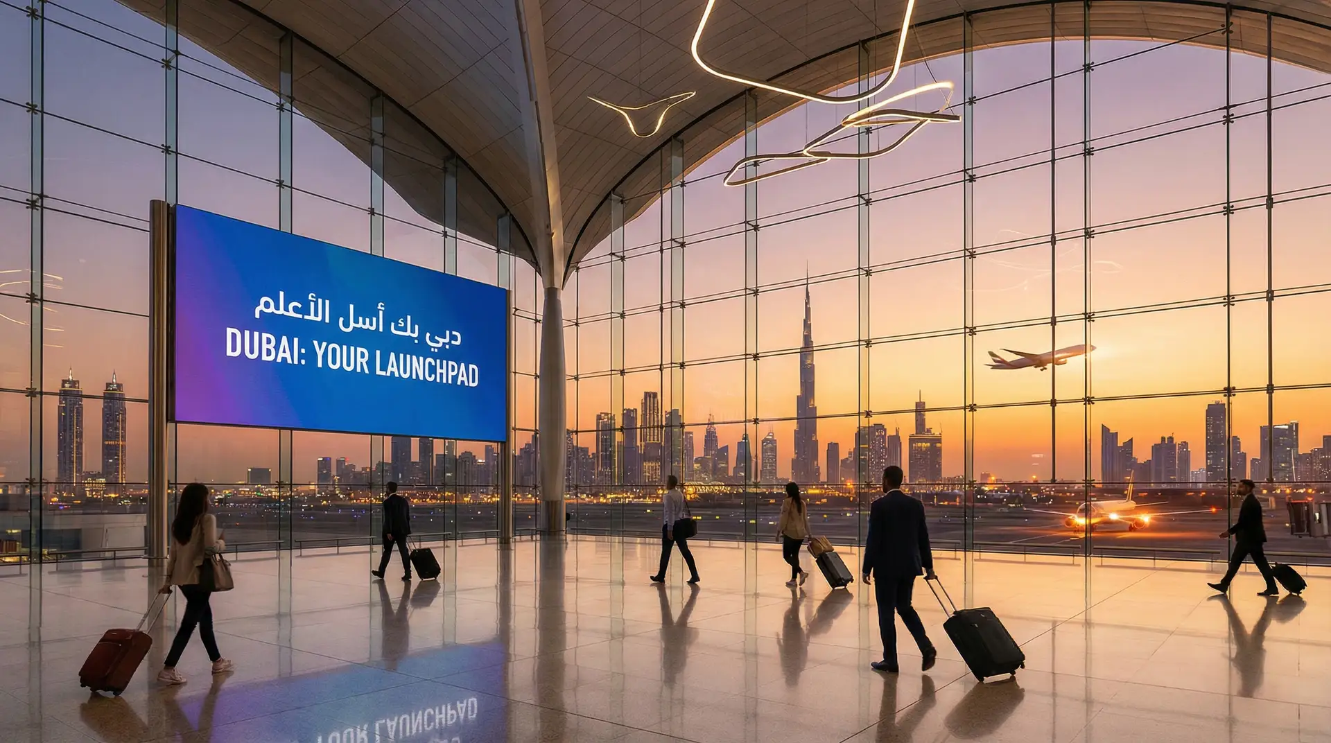 Modern Dubai airport terminal with Burj Khalifa skyline at sunset and travelers — OraVisa UAE visa guides from Dubai