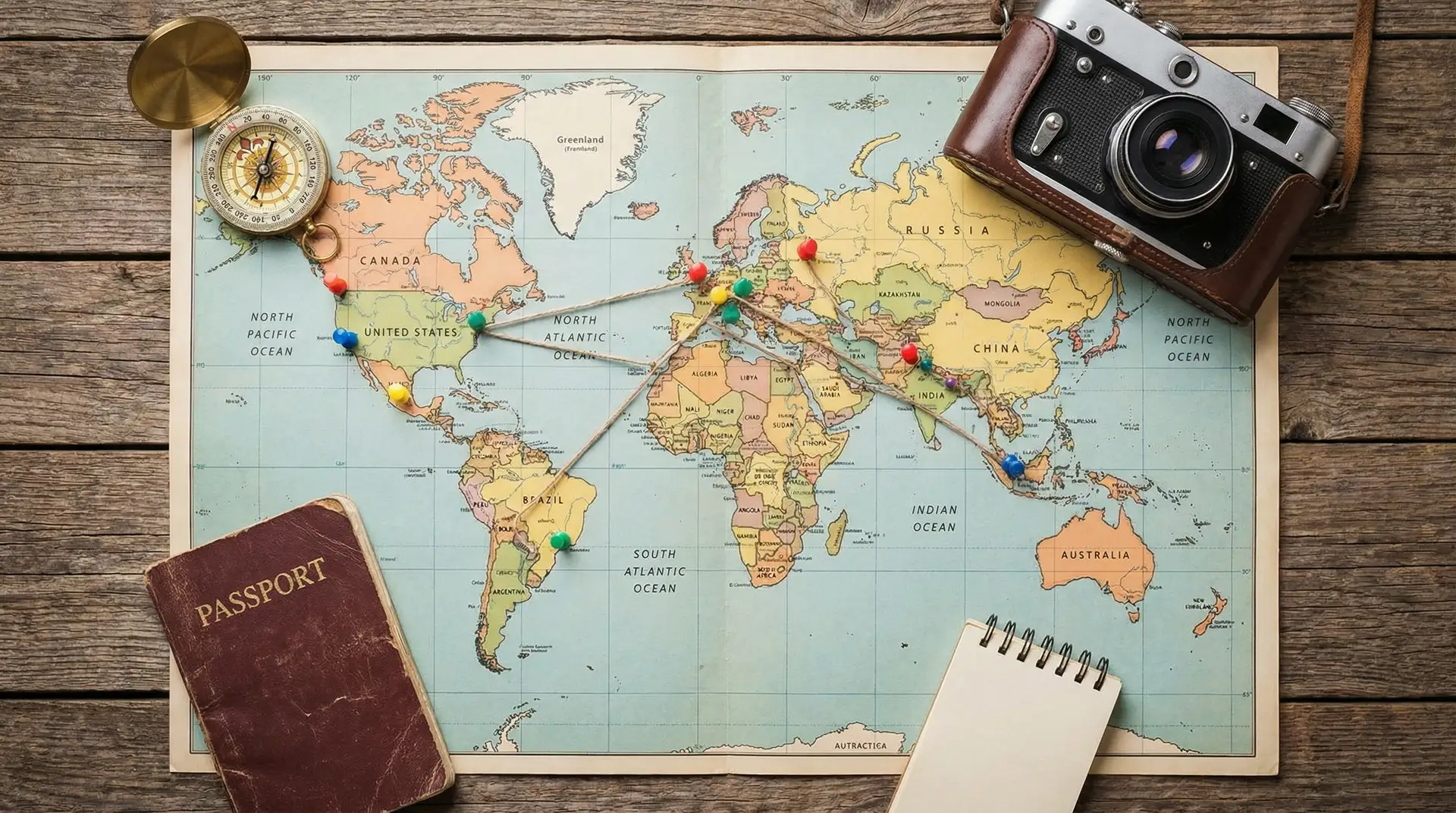 World map with colorful destination pins, passport, compass and vintage camera — OraVisa global visa destination guides