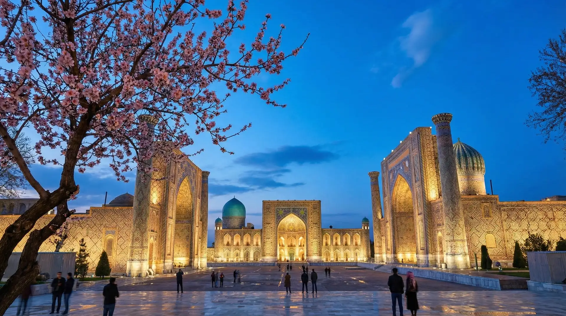 Registan Square with ornate Islamic madrasas and blue tile mosaics in Samarkand Uzbekistan — OraVisa Uzbekistan visa services from Dubai