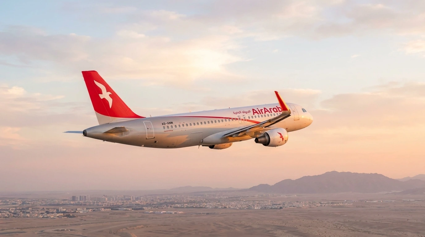 An Air Arabia Airbus A320 in the airline’s silver livery with its red tailfin and white bird logo climbs over a desert landscape and a distant city at sunset, with low mountains on the horizon — illustrating Air Arabia Abu Dhabi’s new non-stop Abu Dhabi–Aleppo service, which begins on 7 July 2026.