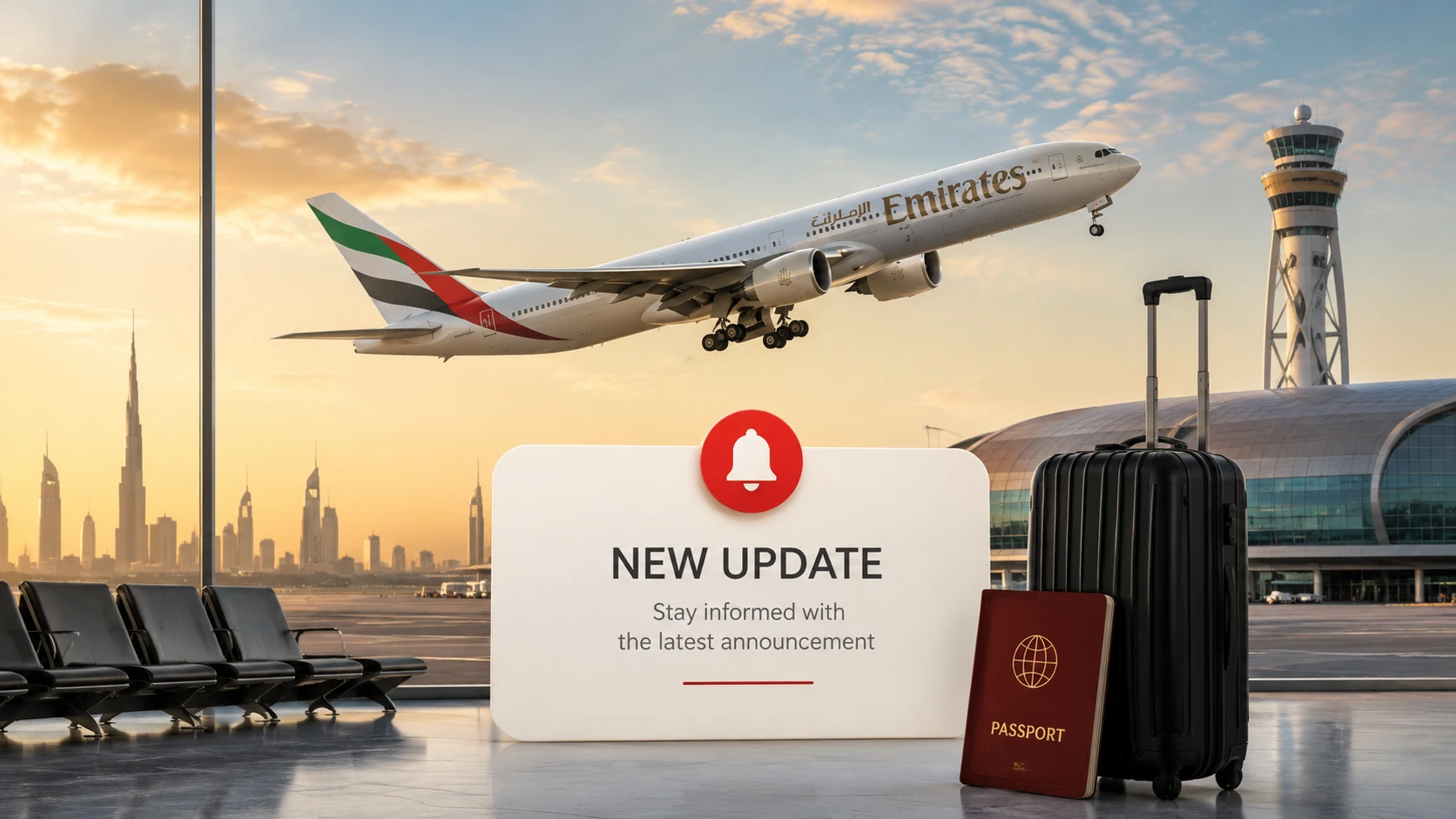 An Emirates Boeing 777 in the airline’s white-and-gold livery with the UAE-flag tailfin climbs over a Dubai airport scene at sunset — the Burj Khalifa skyline, an airport control tower and terminal behind it, with a departure lounge, a passport and a suitcase in the foreground — illustrating Emirates’ new Comprehensive Travel Cover, the travel-insurance product it launched on 17 June 2026.