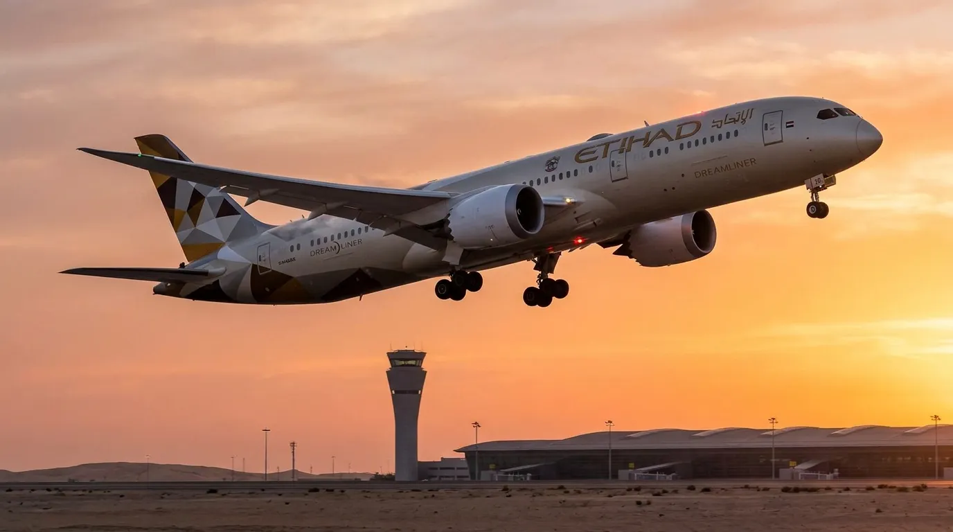 An Etihad Airways Boeing 787 Dreamliner climbs into a golden sunset sky shortly after take-off, with an airport control tower and terminal on the horizon below — representing Etihad’s expanded summer network from Abu Dhabi in 2026.