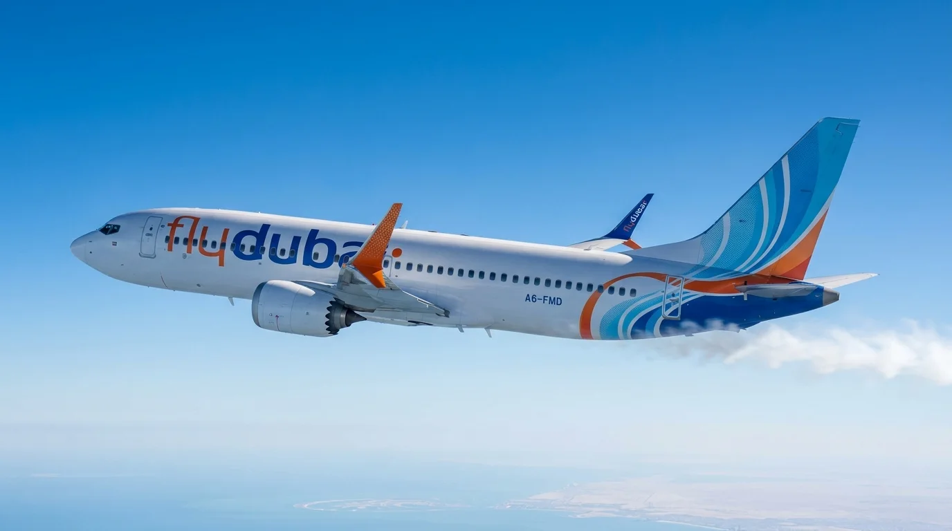 A flydubai Boeing 737 MAX 8 in the airline’s blue-and-white livery climbs into a bright sky above a coastline, illustrating flydubai’s new daily service between Dubai International (DXB) and Bangkok’s Don Mueang International Airport (DMK), which began on 1 July 2026.