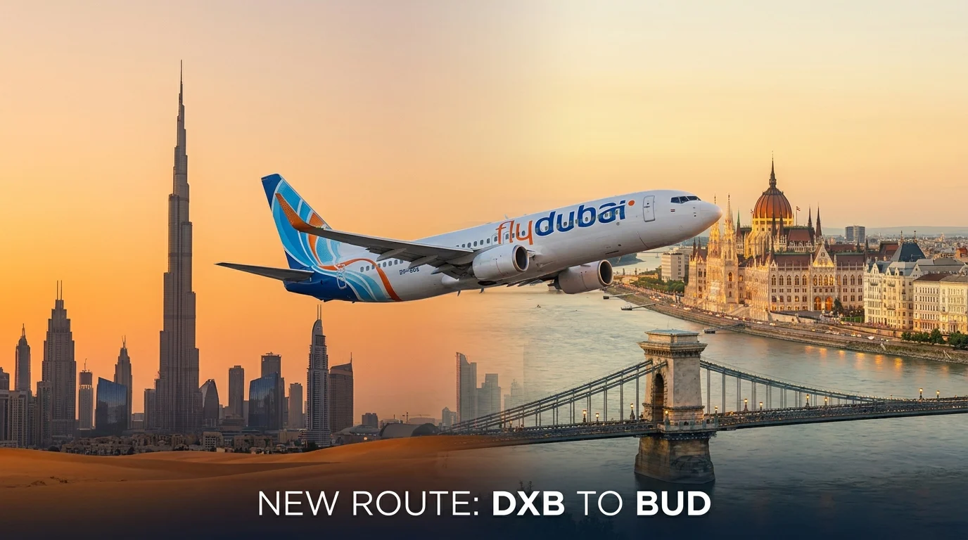 An illustrative composite image showing a flydubai Boeing 737 in the airline’s white, blue and orange livery in flight between the Dubai skyline, including the Burj Khalifa, and Budapest’s landmarks — the Hungarian Parliament Building and the Széchenyi Chain Bridge over the Danube — at sunset, illustrating flydubai’s resumed direct service between Dubai International (DXB) and Budapest (BUD) from 31 July 2026.