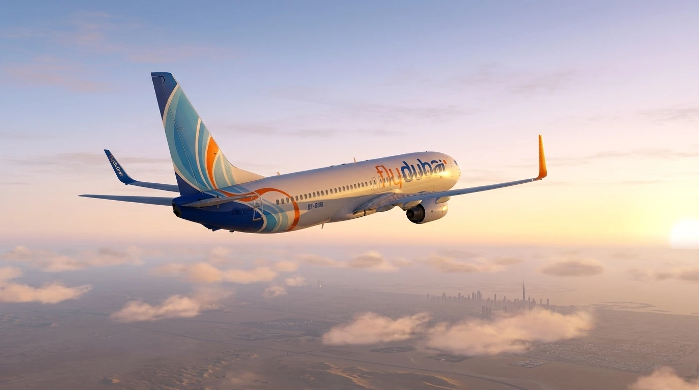A flydubai aircraft in the airline’s blue-and-orange livery banks above a layer of cloud at sunset, with the Dubai skyline on the horizon — illustrating flydubai’s resumed seasonal service between Dubai and El Alamein, Egypt, which returned on 20 June 2026.