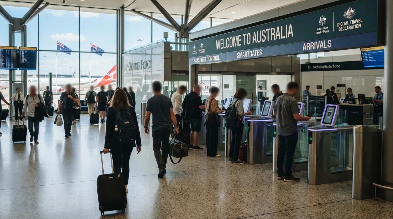 A traveller completing Australia’s digital arrival declaration on a phone with the Sydney skyline behind, illustrating that from 2026 Australia is replacing the paper Incoming Passenger Card with the online Australia Travel Declaration.