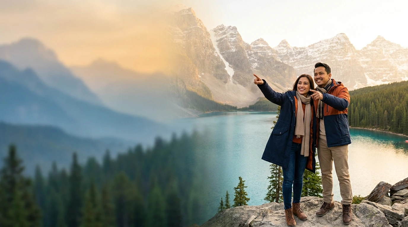 A couple at a Canadian Rocky Mountains lookout in Banff National Park, with the woman pointing toward snow-capped peaks above a turquoise alpine lake and dense evergreen forest at golden hour — representing the easier travel access to Canada now available to eligible Indonesian and Malaysian citizens from 26 May 2026 under the expanded electronic travel authorization (eTA) programme announced by Immigration, Refugees and Citizenship Canada.
