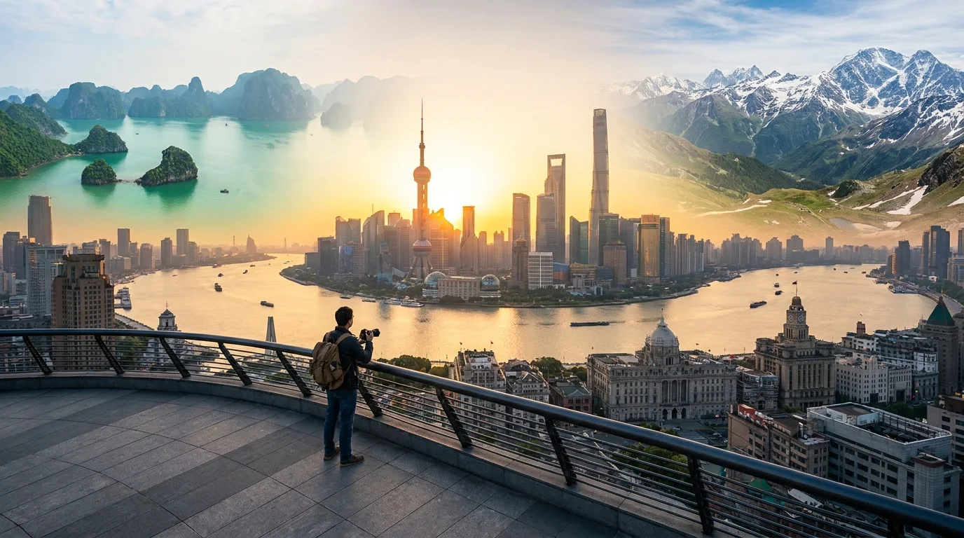 A traveller with a backpack and camera stands on a viewing platform above the Shanghai skyline at sunset, the Huangpu River and the Bund merging on one side into limestone karst islands and on the other into snow-capped mountains.