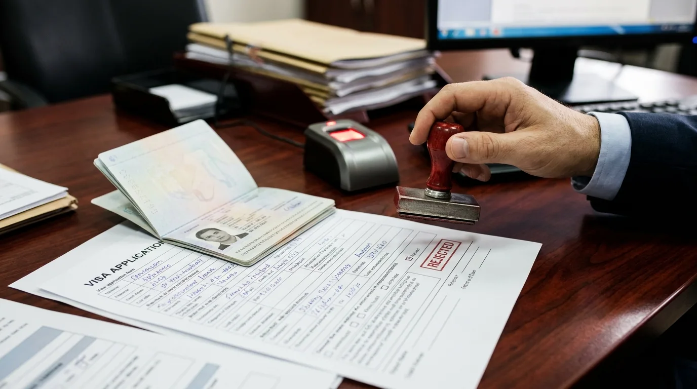 A visa application form stamped REJECTED on an immigration officer’s desk, beside an open passport, a rubber stamp and a fingerprint scanner — illustrating the consequence of providing false materials or false statements in a Chinese visa application, which from 15 September 2026 may lead to an entry ban of one to five years