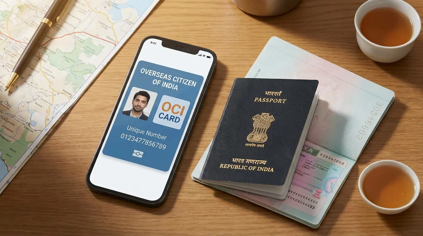 A smartphone displaying a digital Overseas Citizen of India card beside an Indian visa document, illustrating that from 30 June 2026 the OCI card became a fully digital e-OCI issued and downloaded online.