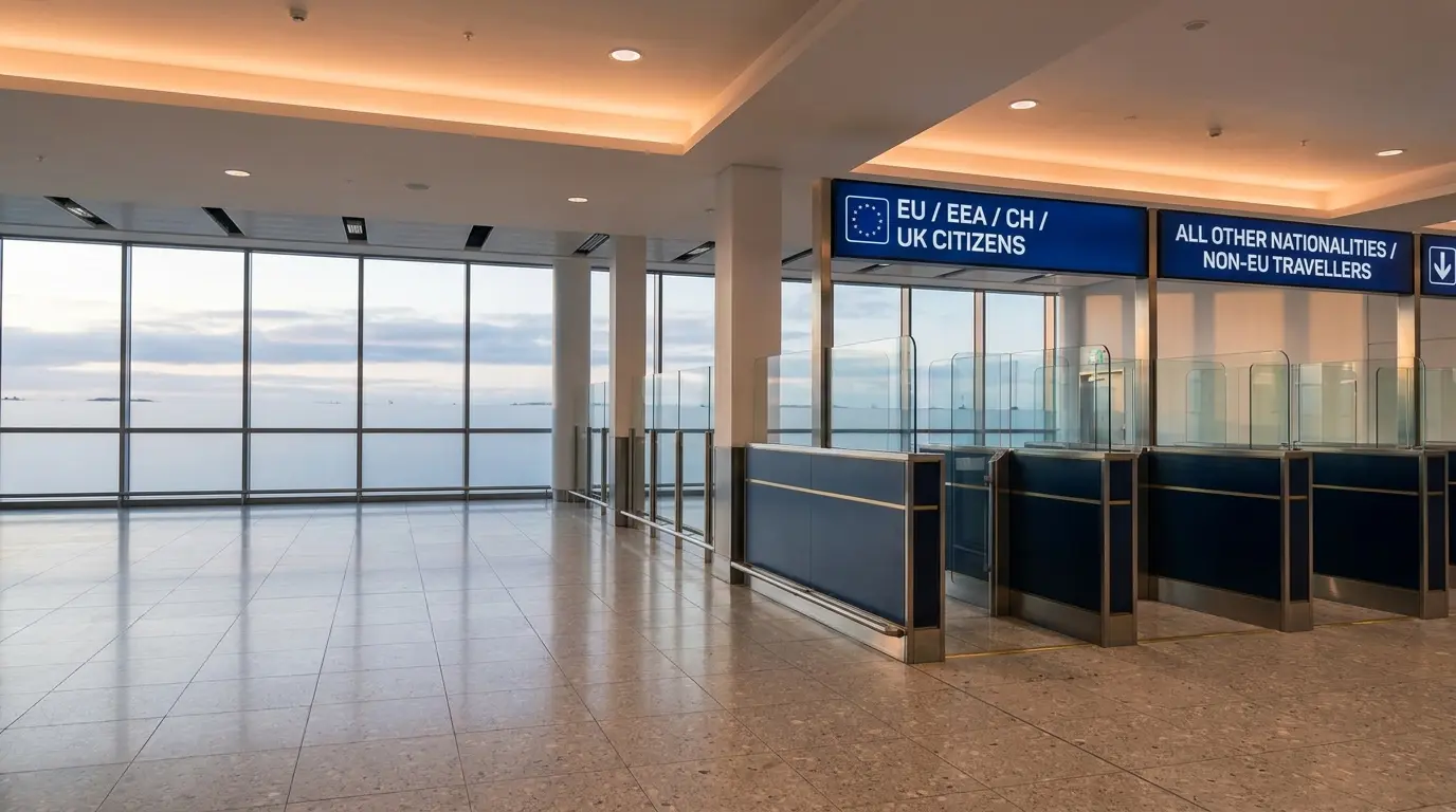 An empty Irish airport immigration arrivals hall at dawn with two parallel directional signs above the passport control rows — the left sign reading "EU / EEA / CH / UK CITIZENS" with the European Union flag and the right sign reading "ALL OTHER NATIONALITIES / NON-EU TRAVELLERS" with a downward arrow — and a row of glass-divided immigration counters behind a glazed coastal window backdrop, illustrating the directional split the Irish Immigration Service formalises from 1 June 2026 by removing the right to appeal short-stay (Type C) visa refusals for non-EU applicants while preserving appeals for EU Free Movement Directive family members.