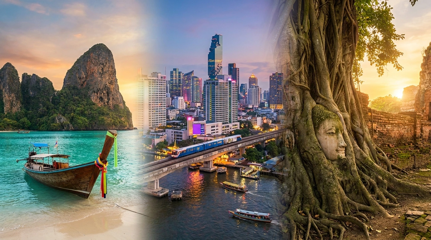 A three-panel composite of Thailand: a traditional longtail boat moored off a beach below limestone karst cliffs, the Bangkok skyline at dusk with a Skytrain crossing the river, and the sandstone Buddha head held in banyan tree roots at Ayutthaya.