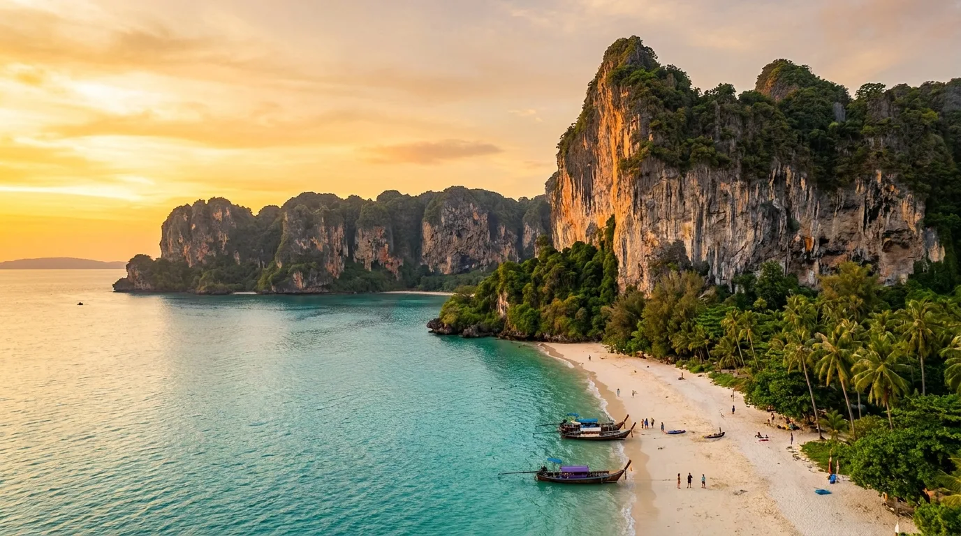 Traditional Thai longtail boats moored at a sheltered beach below towering limestone karst cliffs at sunset, illustrating a guide to Thailand’s approved change from a 60-day to a 30-day visa exemption.