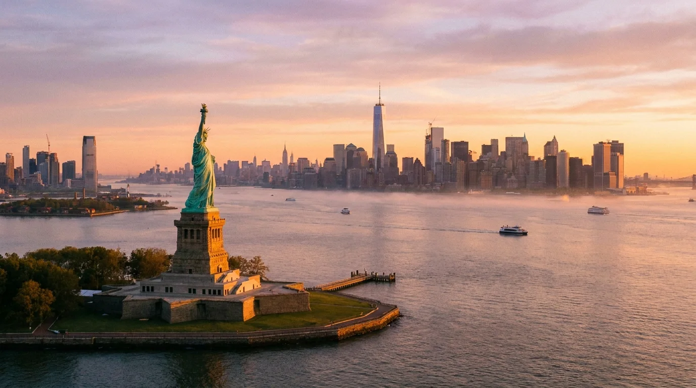 Aerial view of the Statue of Liberty on Liberty Island at sunrise, with the Lower Manhattan skyline and One World Trade Center across the harbour, illustrating a guide to the US visa bond programme becoming permanent for B-1/B-2 visitor visa applicants.